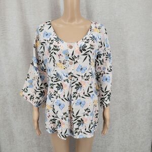 Laura Bianchi Italian Linen Floral Butterfly Blouse Top Women's Size Large